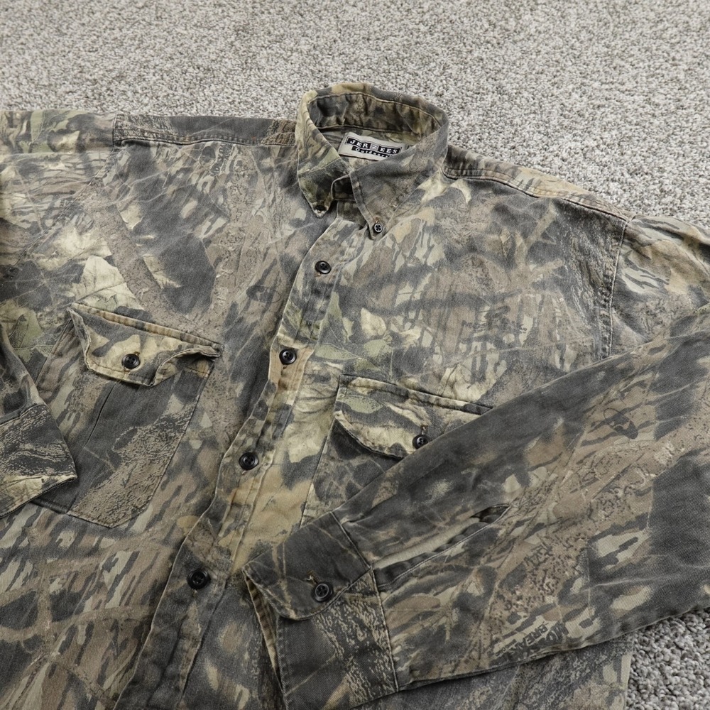 VTG Jerzees Shirt Mens M Brown Green Mossy Oak Camo Button Up Hunting Outdoors